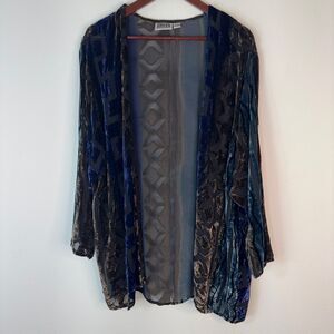 Chico’s Black & Blue Burnout Velvet Cardigan Womens Medium Large Silk Blend